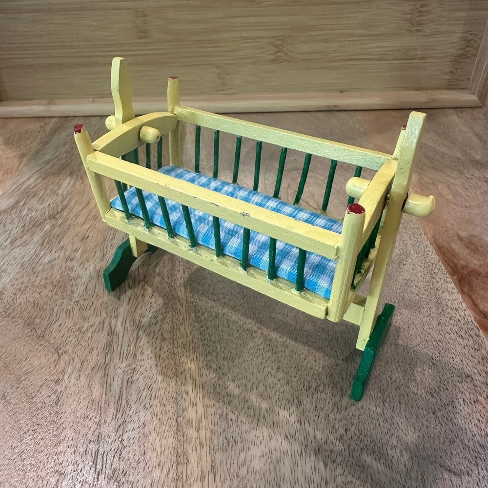 Vintage Miniature Wooden Rocking Cradle Dollhouse Furniture Yellow Green Gingham